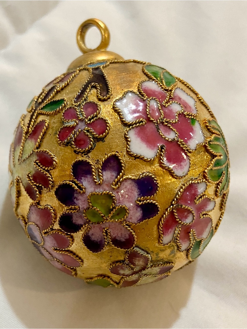 Beautiful Vintage Cloisonné Christmas Ornament Gold, Purple Pink & Green Flowers